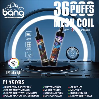 Bang 36000 Puffs Vapes Disposable E Cigarettes 0% 2% 3% 5% Prefilled Pod Rechargeable Adjustable Airflow Pen